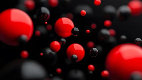 Floating red and black spheres in glossy 3D abstraction.