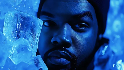 Portrait of a pensive man framed by luminous blue ice cubes.