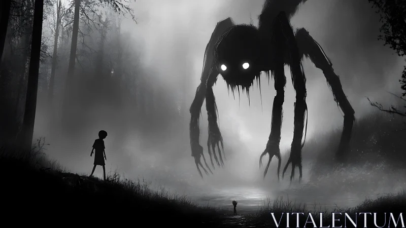 Silhouetted child facing multi-limbed creature in misty forest.