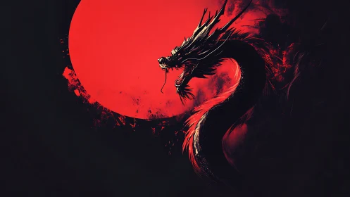 Red moon backdrop with coiled black dragon silhouette.