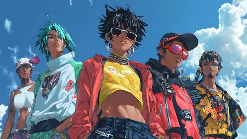 Streetwear youth group under dynamic low-angle sky lighting