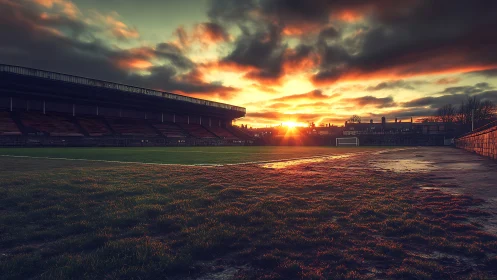Empty football stadium glows under dramatic sunset sky