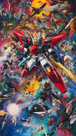 Mecha assault in explosive cosmic space battle painting.