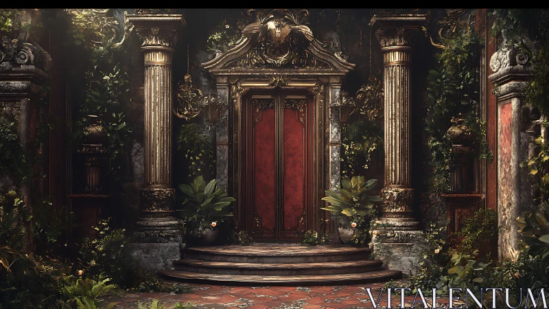 Ornate red palace doorway framed by overgrown greenery.
