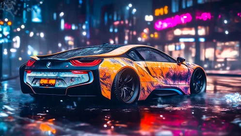 Neon-wrapped sports car glows against a rainy cyberpunk city