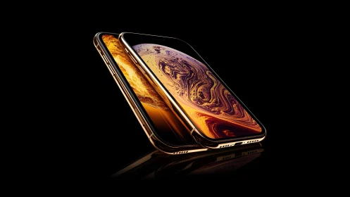 Sleek gold smartphones with vivid displays on black background.