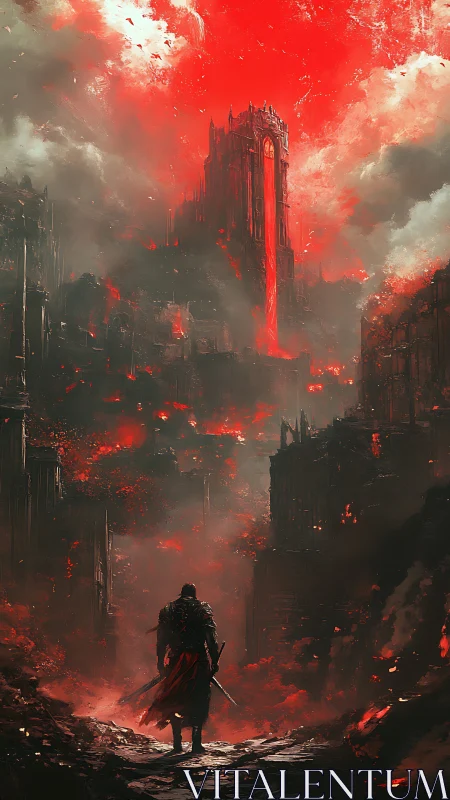 Lone warrior confronts infernal citadel in apocalyptic vista