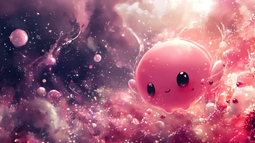 Glowing pink blob character drifts through luminous cosmic nebula field