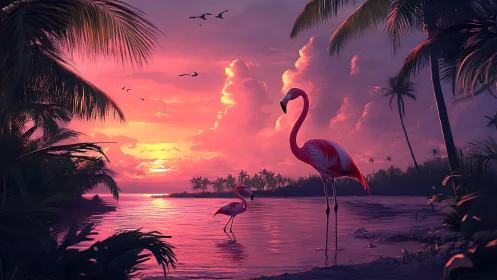 Flamingos stand in shallow tropical water at sunset