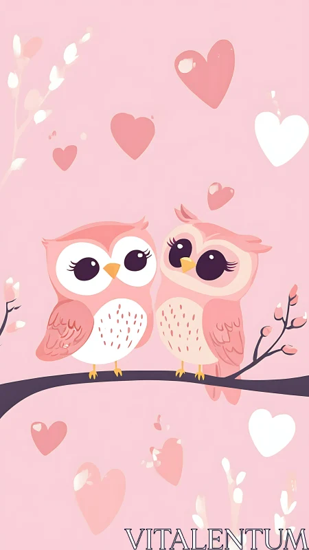 Sweet pink owl couple on branch amid floating hearts.