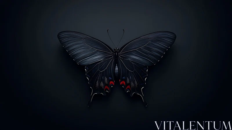 Dark metallic butterfly on black minimalist background.