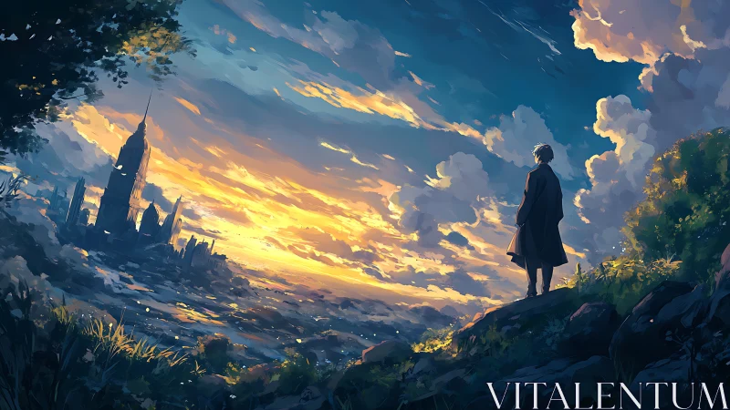 Solitary figure surveys luminous cityscape under painterly dusk