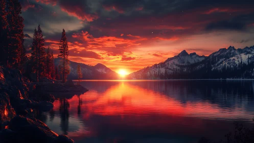 Mountain lake sunset with vivid red reflections on water.