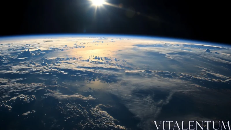 Earth horizon glows under orbital sunrise over cloud ocean.