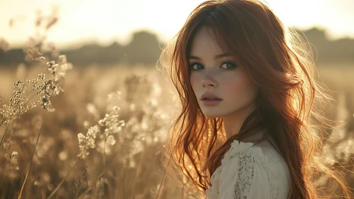 Red haired young woman stands in sunlit grassy field