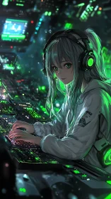 Cyberpunk anime hacker girl at neon green control workstation