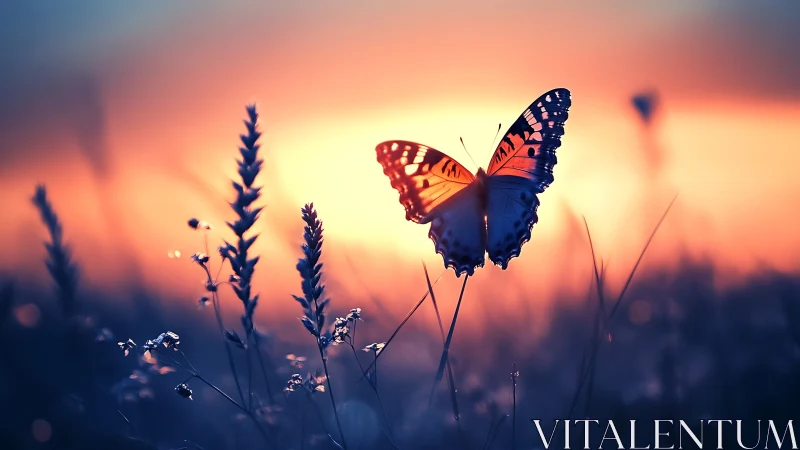 Butterfly rests in glowing sunset meadow with dreamy light.