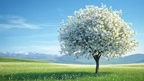 Photoreal spring blossom tree in expansive alpine meadow.