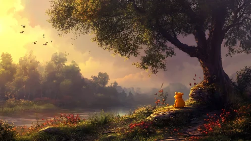 Evening riverbank reverie with contemplative toy bear.