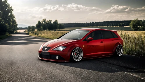 Lowered red hatchback parked on rural country road at dusk.