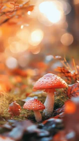 Autumn macro portrait of fly agaric mushrooms in soft bokeh field.
