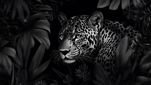 Monochrome jaguar portrait rendered with high contrast foliage shading