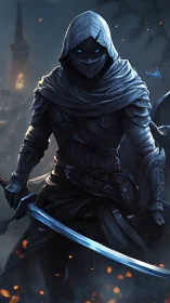 Stealth assassin in hooded armor holds glowing katana in volumetric fog