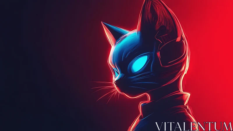 Neon outlined cyberpunk cat profile glows in red blue light