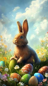 Backlit rabbit among painted Easter eggs in saturated meadow