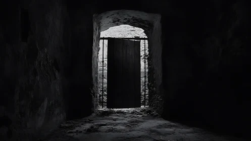 Stone tunnel doorway in stark monochrome chiaroscuro study.
