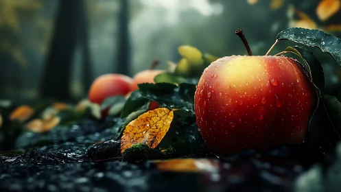 Red apple on wet forest ground with autumn foliage.