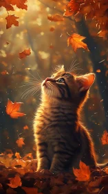 Cat Gazing at Falling Autumn Leaves in Golden Light.