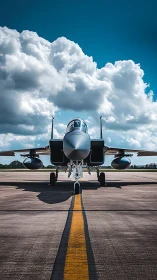Front view shows twin‑engine jet fighter aligned on runway