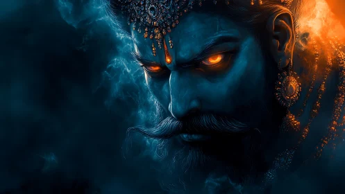 Spectral warrior portrait with molten ember ocular illumination.