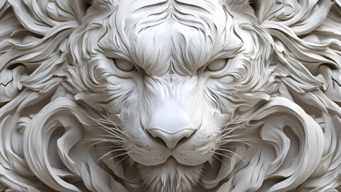Intricate White Lion Head Relief in Elegant Sculptural Style.