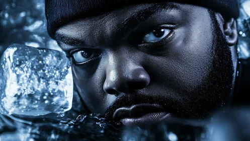 Intense blue gel portrait with ice textures and reflective skin.