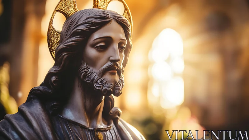 Sunlit church statue of Christ glows in warm sacred light