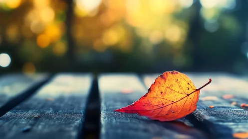 Autumn leaf macro on weathered bench with shallow depth of field.