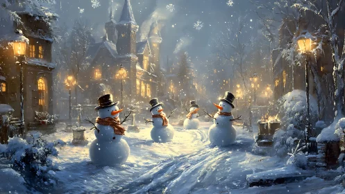 Snowmen occupy snowy village street under warm lamplight