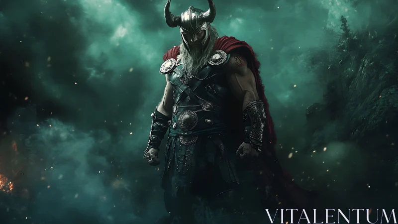 Viking warrior stands in emerald mist with red battle cloak.