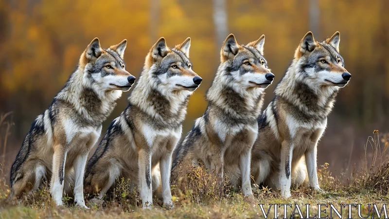 Quadruplicate wolf alignment in autumnal shallow-depth field.