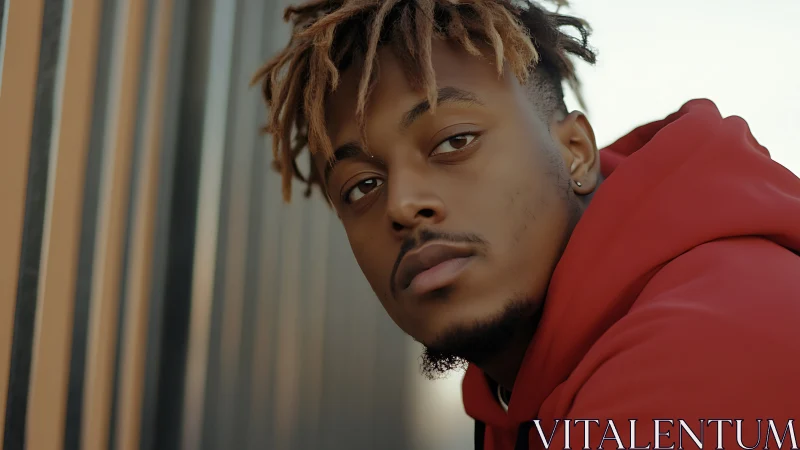 Reflective young man in red hoodie leans by metal railing.