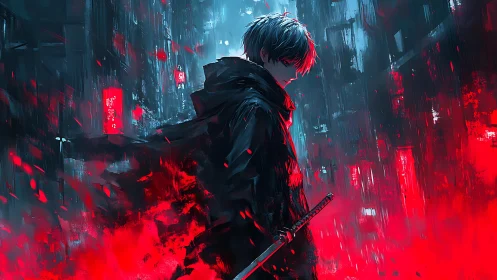 Hooded swordsman stands in neon alley amid red digital haze