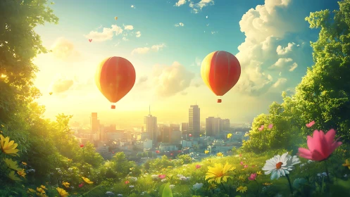 Gentle hot air balloons drift above a sunlit city garden