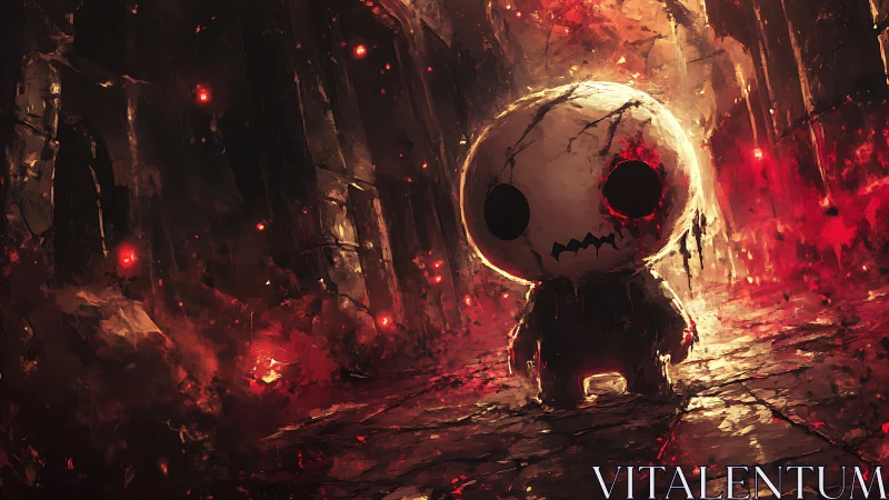 Little stitched wanderer in a glowing haunted corridor.