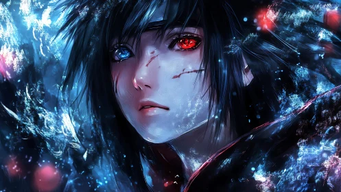 Dual-eyed anime warrior emerges through shimmering frost.