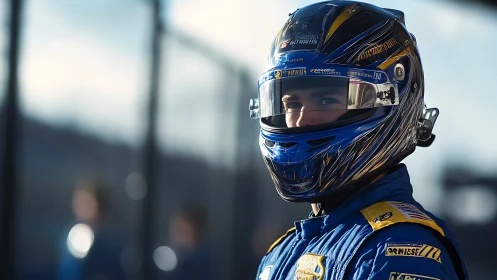 Racing driver portrait isolates reflective helmet under soft bokeh