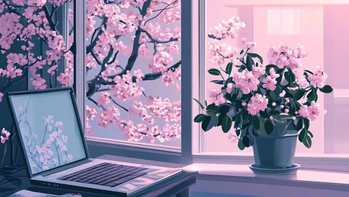 Soft morning workspace glows with cherry blossoms in bloom