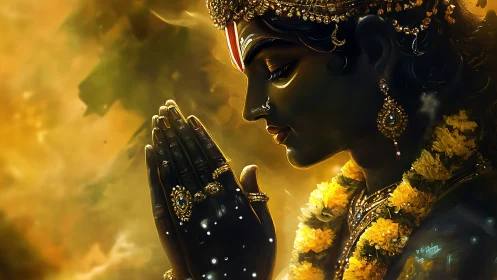 Divine figure in golden light bows in serene devotion