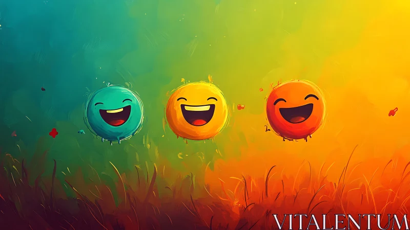 Joyful floating smiley friends in a bright sunset field.